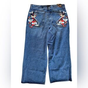 NEW Ed Hardy Born Free Loose Fit Wide Leg Jeans Tattoo Buckle Back Y2K Size 34
